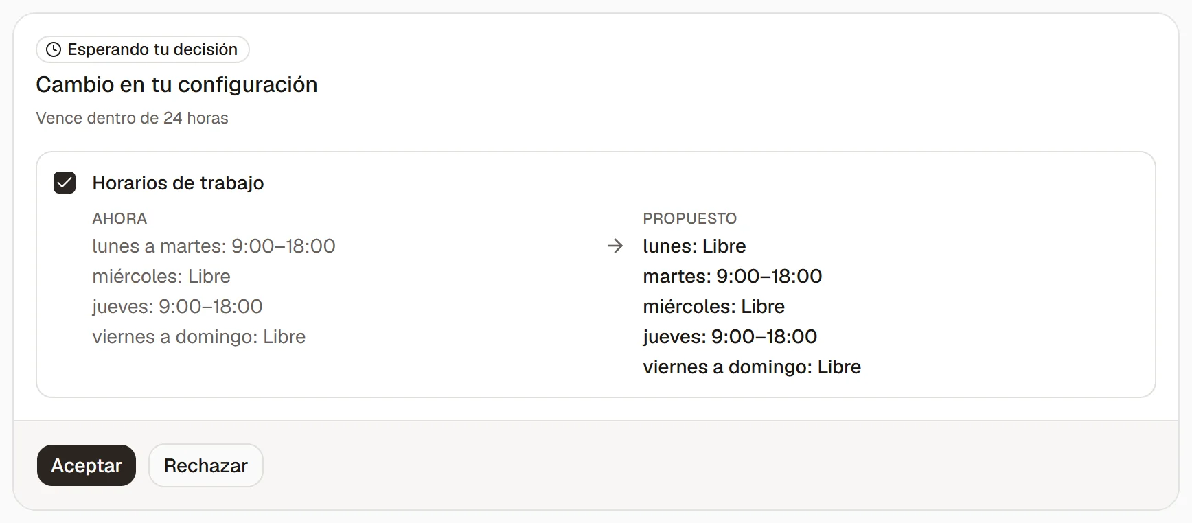 La tarjeta con el cambio de horario de atención, con el antes y el después.