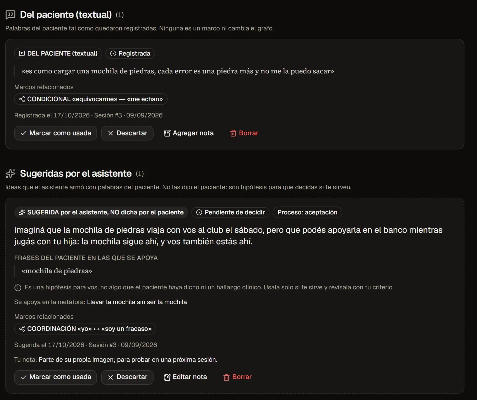Las metáforas del paciente, textuales, y las que sugiere el asistente, en otro grupo.