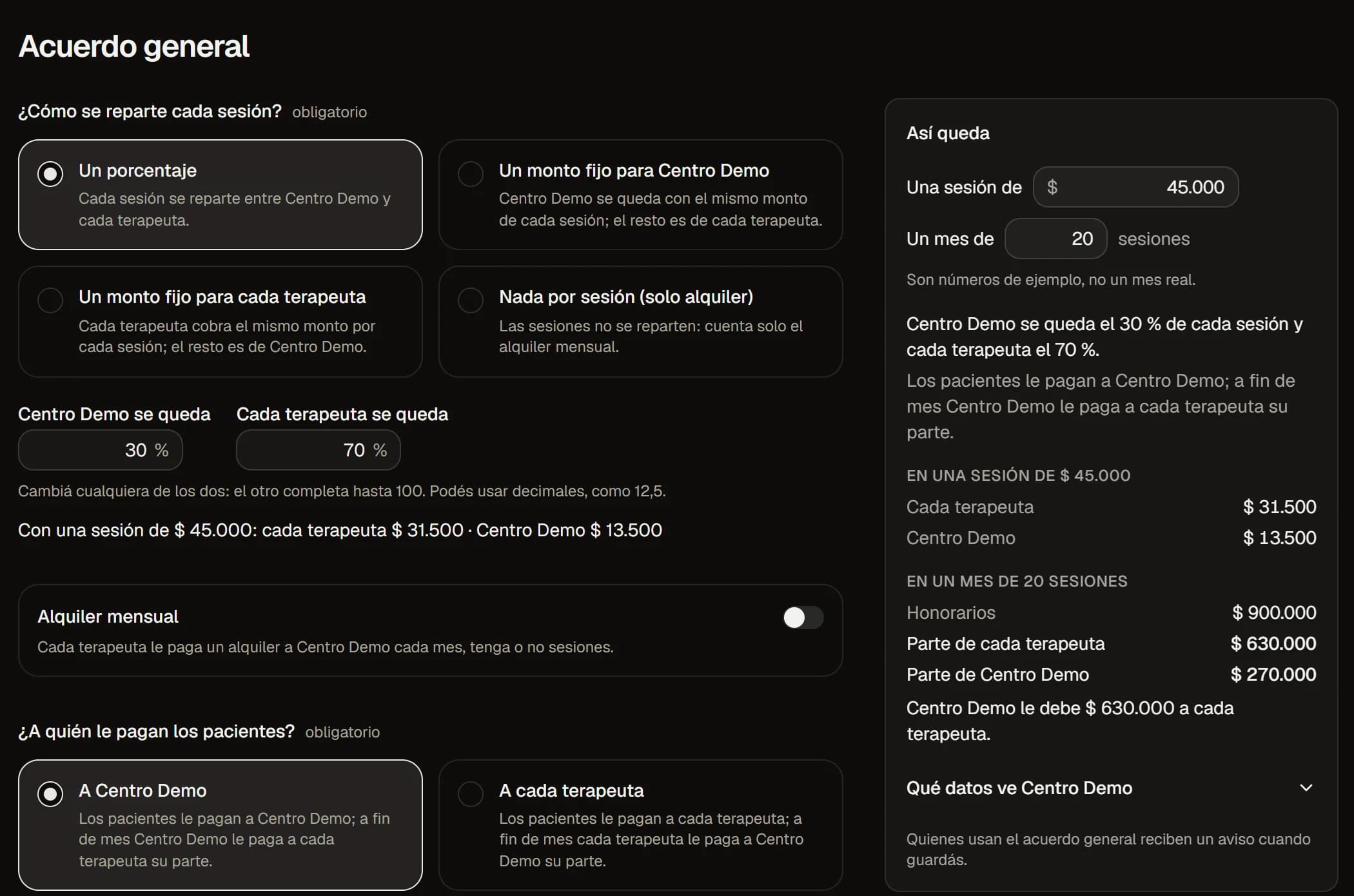 El editor de un acuerdo con porcentaje y alquiler, y el ejemplo «Así queda».