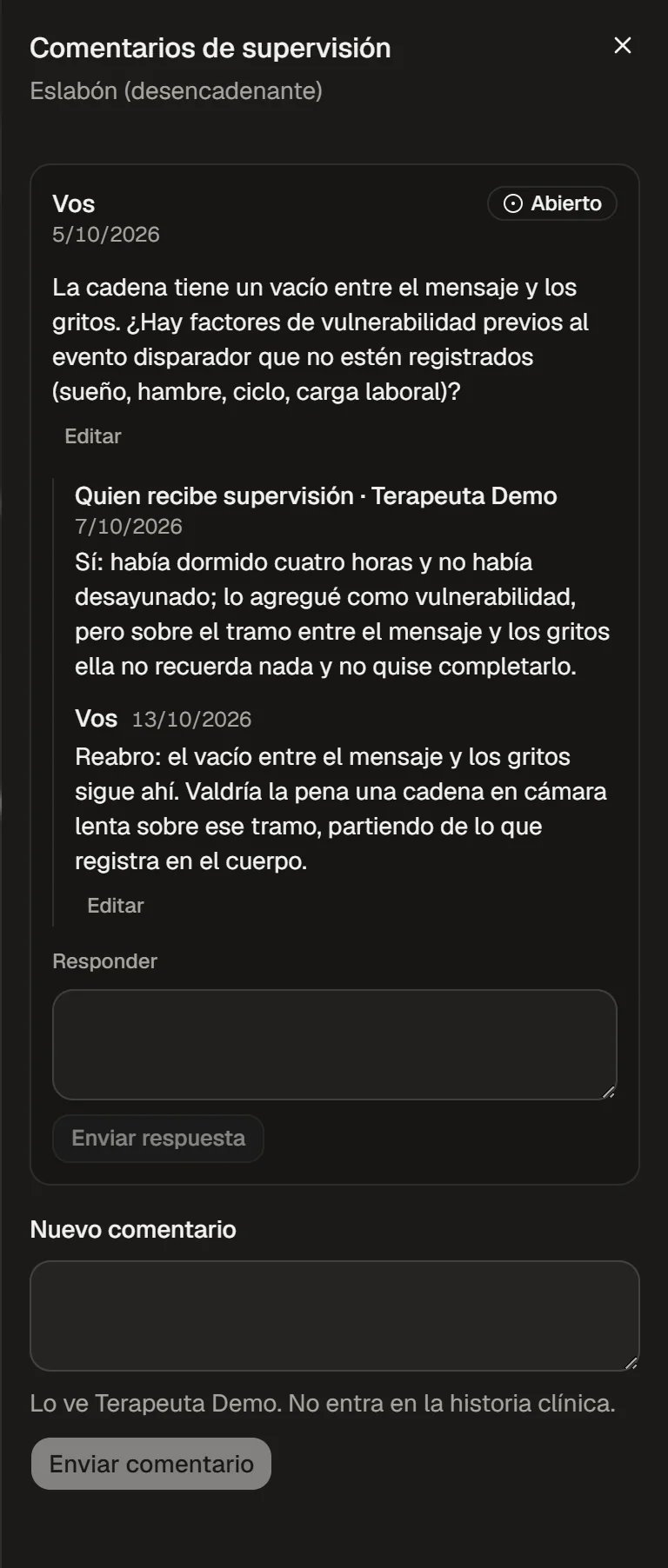 Un comentario anclado a un eslabón de una cadena de DBT, reabierto por quien supervisa.