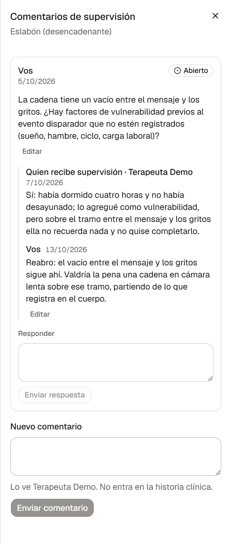 Un comentario anclado a un eslabón de una cadena de DBT, reabierto por quien supervisa.